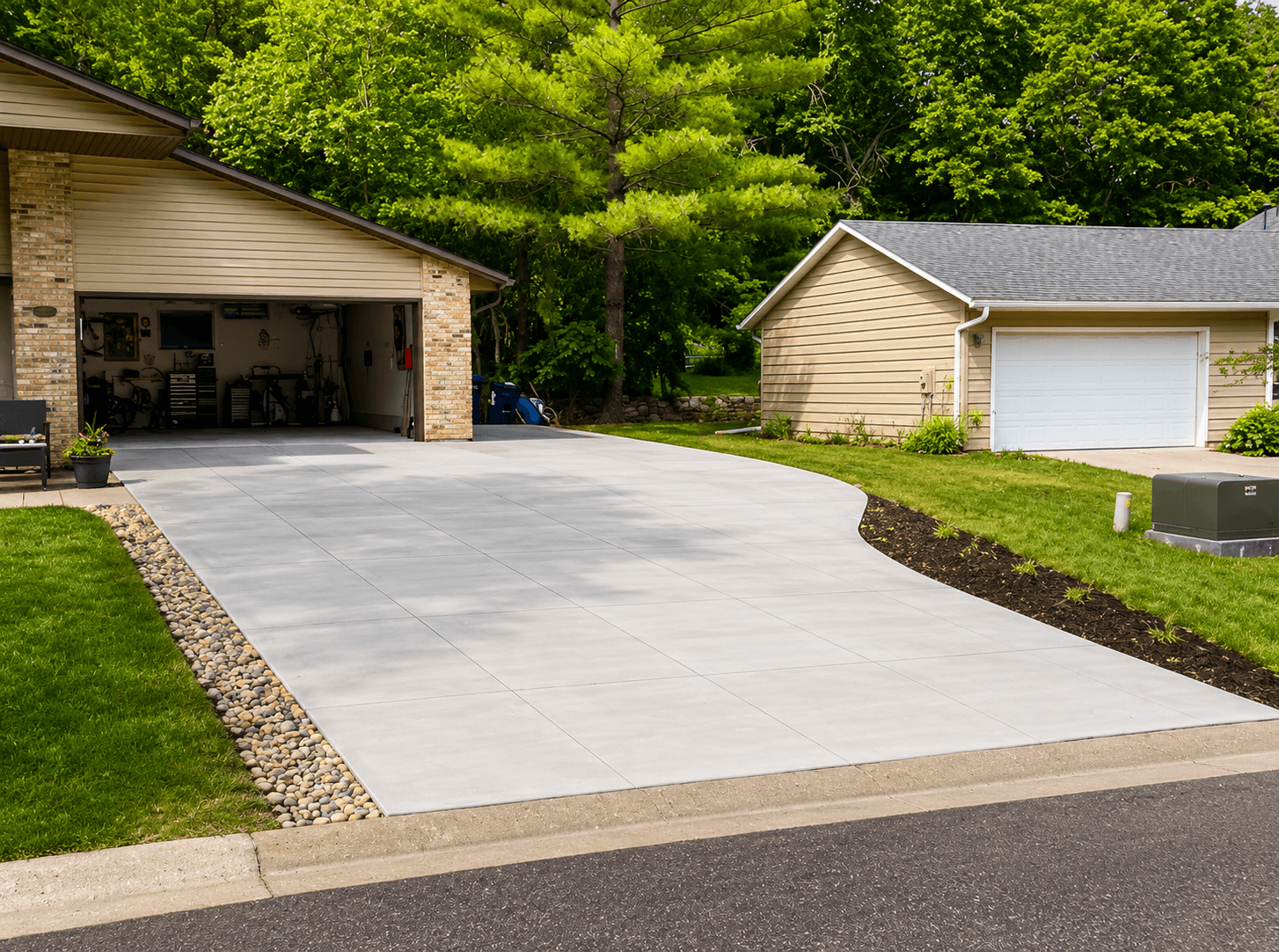 Concrete driveway with thickened curb edge and landscaped border