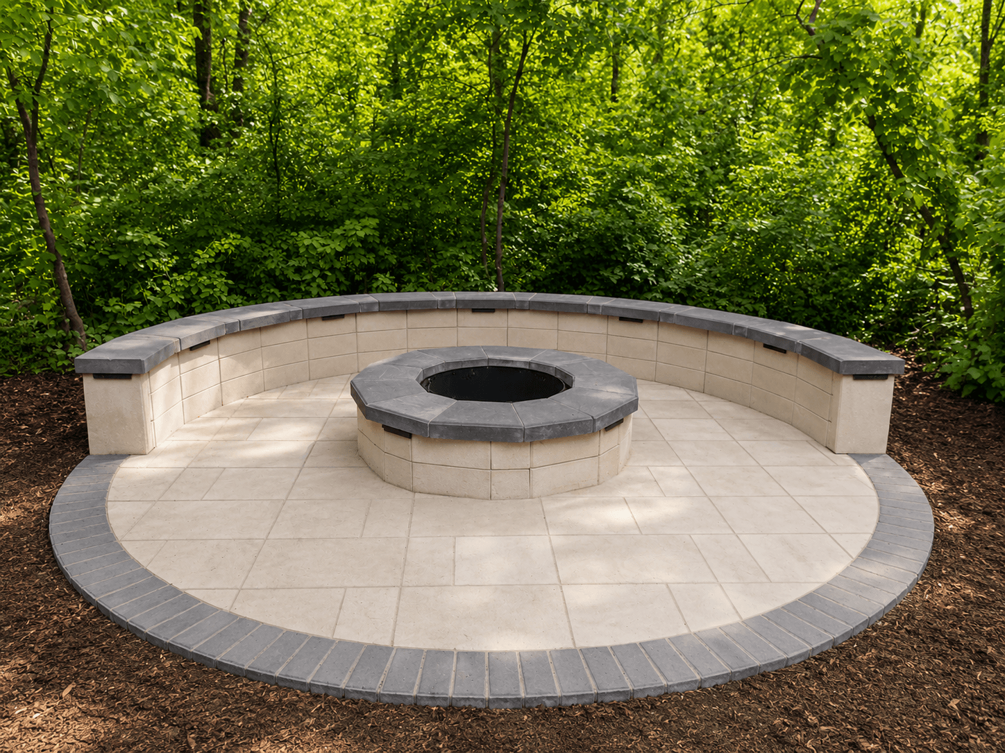 Custom stone firepit with curved seating wall by All-Pro Decks and Patios
