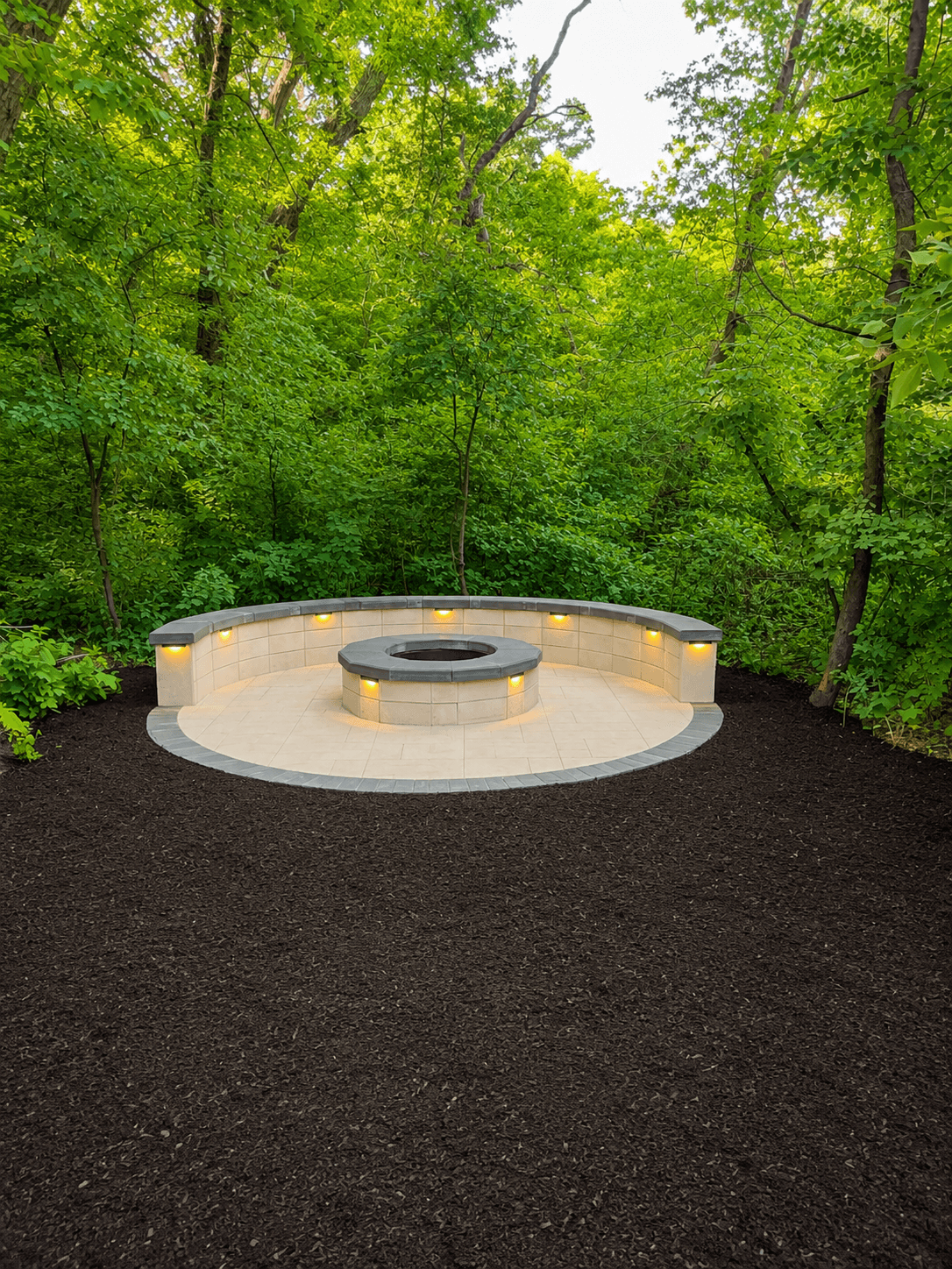 Custom concrete firepit patio with curved seating wall by All-Pro Decks and Patios