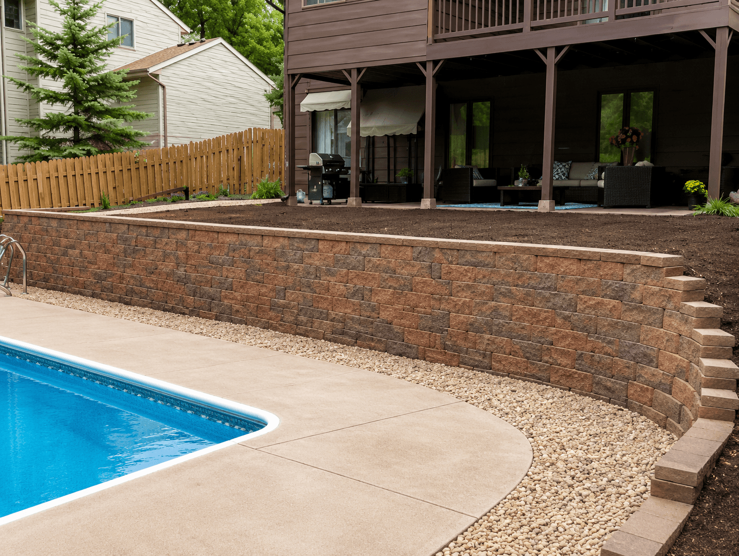 Poolside retaining wall with concrete patio and landscaped backyard